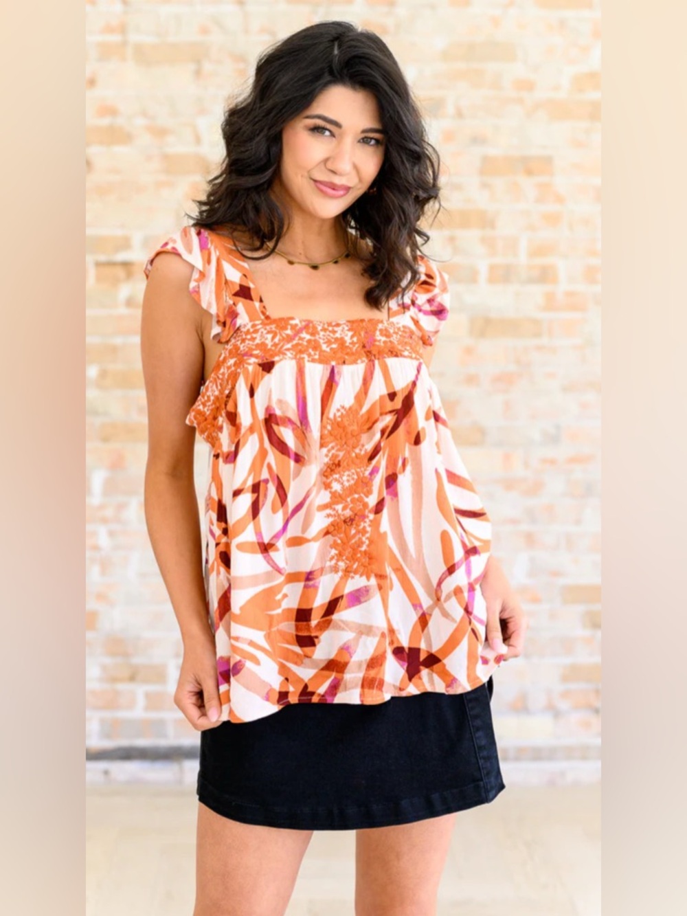 Savanna Jane Orange & Pink Floral Square-Neck Ruffle Camisole